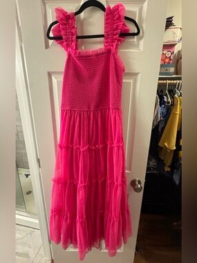 Fuchsia Smocked Mesh Ruffle Accent Maternity Midi Dress